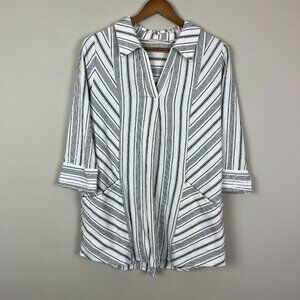 Soft Surroundings Tunic Top Womens Medium Gray White Stripe Pockets 3/4 Sleeve M